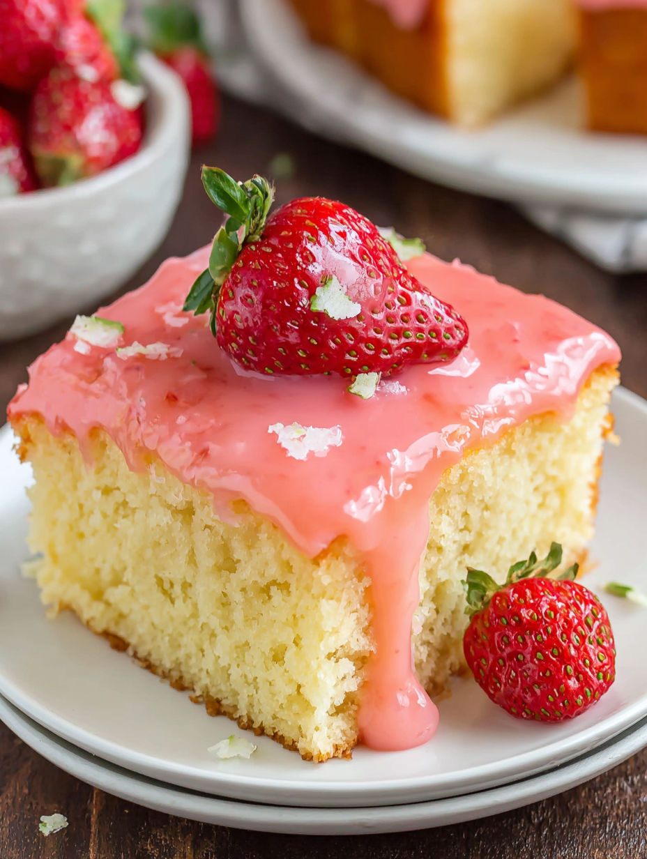 A slice of cake with strawberries on top.