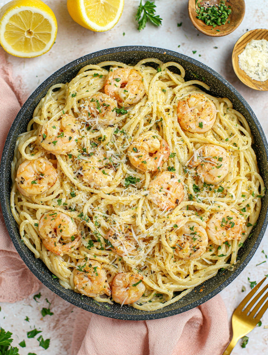 A bowl of shrimp and pasta.