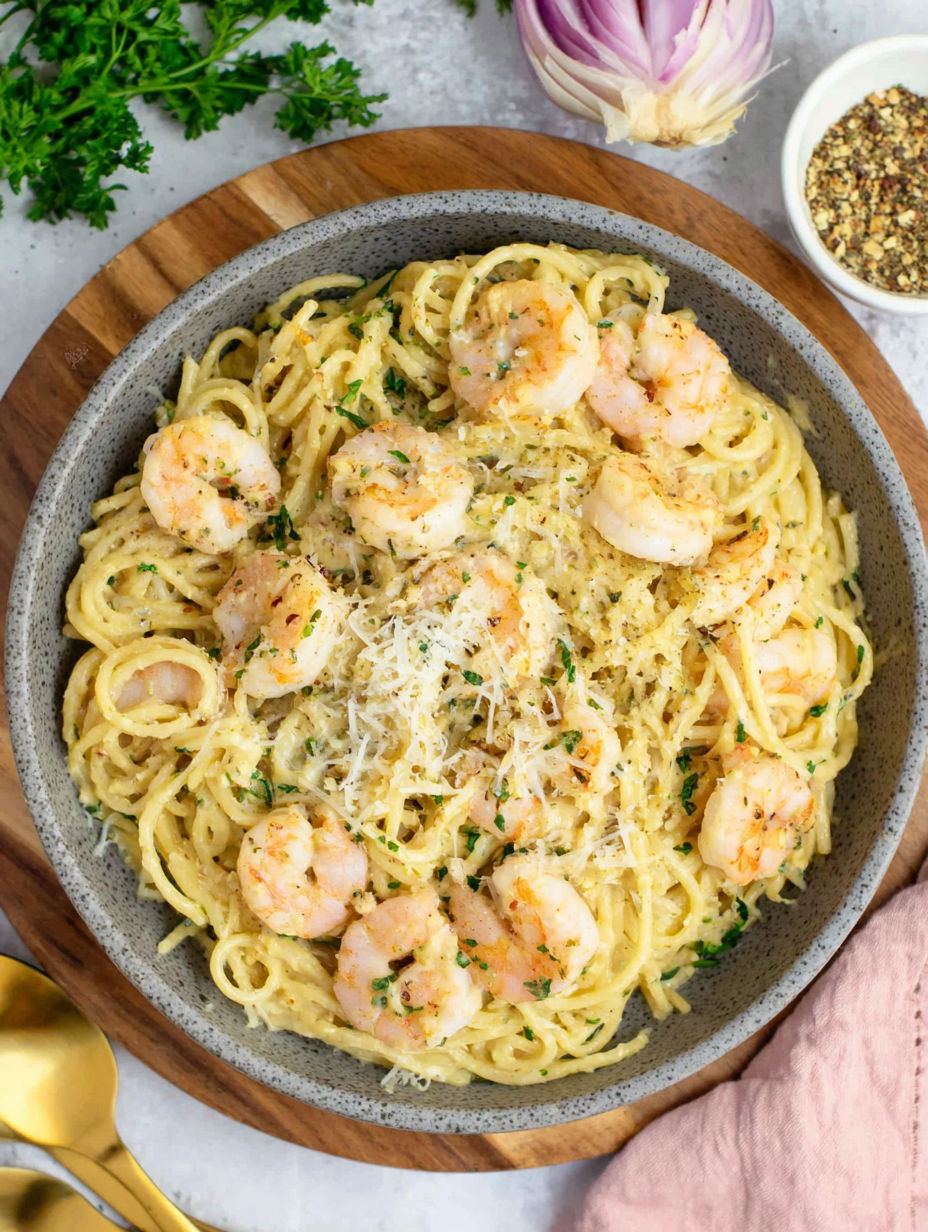A bowl of pasta with shrimp and cheese.
