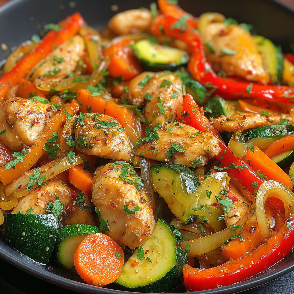 A bowl of food with chicken, carrots, and zucchini.
