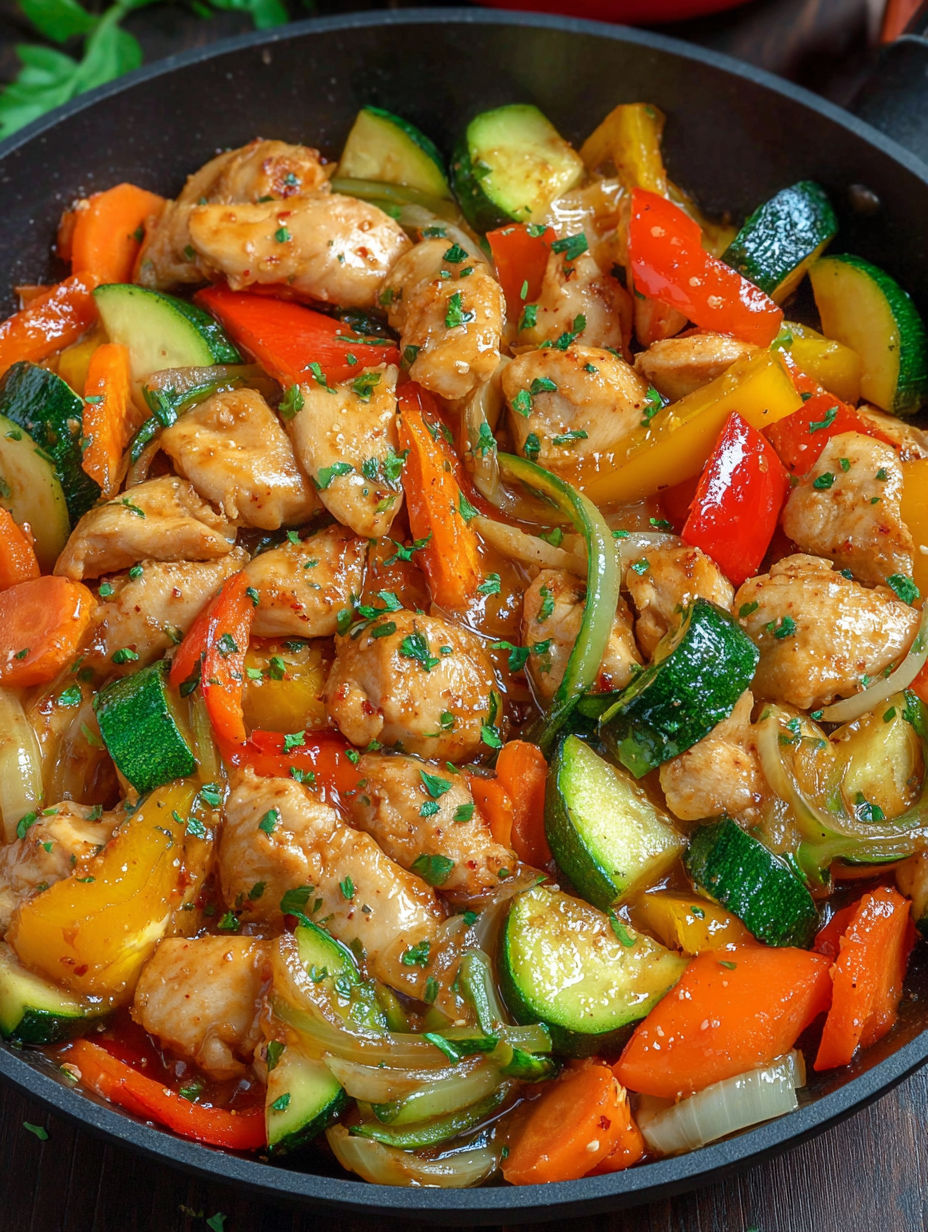 A bowl of chicken and vegetables.