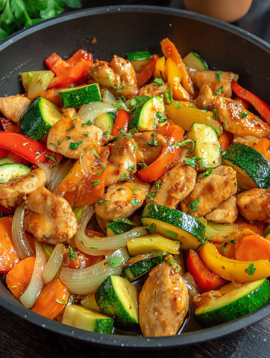 A bowl of food with chicken, peppers, and zucchini.