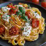 Einführung in die cremige Burrata-Pasta: Eine Platte mit Pasta, die mit Tomaten, Basilikum und Käse garniert ist.