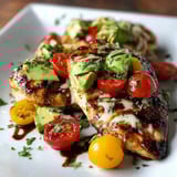 Ein gegrilltes Hähnchen mit Avocado, Tomaten und Zwiebeln auf einem weißen Teller.