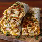 A delicious cheesy garlic chicken wrap.