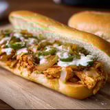 A buffalo chicken cheesesteak on a wooden table.