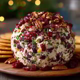 A fancy Christmas cheese ball with a nut topping.