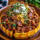 A delicious looking Maple Bacon Bourbon Chili On Cornbread Waffle.