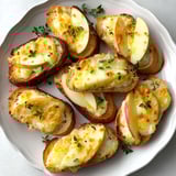 A plate of crostini with cheese and apples.