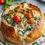 A bowl of Alfredo bread with tomatoes and chicken.