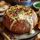 A cob dip recipe is displayed on a table.