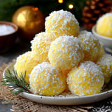 A plate of pineapple balls with powdered sugar on top.