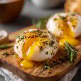 Two poached eggs with a runny yolk.