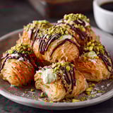 A plate of pistachio kunafa crookies.