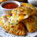 A plate of cheesy pizza pockets.