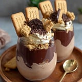 Two glasses of chocolate mousse with cookies on top.