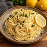 A bowl of pasta with lemon slices on top.