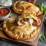 Two delicious calzones with cheese and sauce.