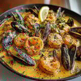 A delicious seafood dish with shrimp and mussels in a creamy garlic sauce.