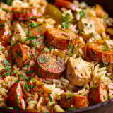A dish of rice, sausage and vegetables.