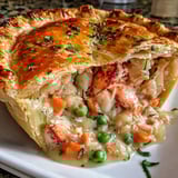 A savory lobster pot pie on a plate.