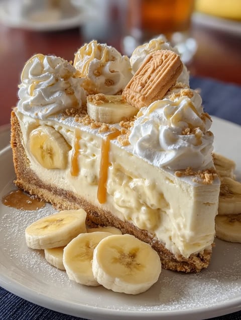 Eine Banana Pudding Cheesecake mit Bananen und Walnüssen.