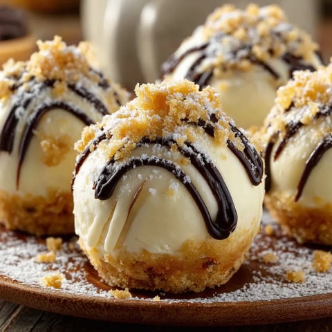 Ein Plate mit 4 Kugeln aus Käsekuchen, die mit Schokoladenglasur und Zucker bestreut sind.