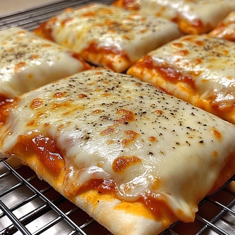 Cheesy pizza pockets on a cooling rack.