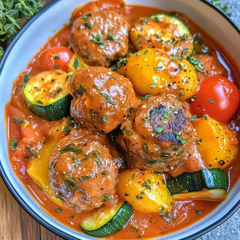 A bowl of meatballs with tomatoes and zucchini.