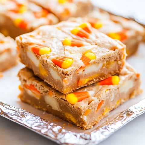 A stack of candy corn white chocolate blondies.