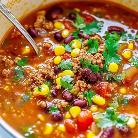 A bowl of chili with meat, beans, and vegetables.