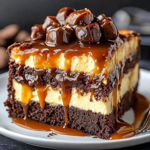 A slice of caramel brownie cheesecake on a plate.