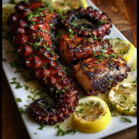 A white plate with grilled octopus and lemon wedges.