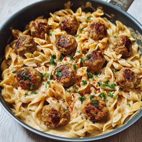 A pan of pasta with meatballs and sauce.