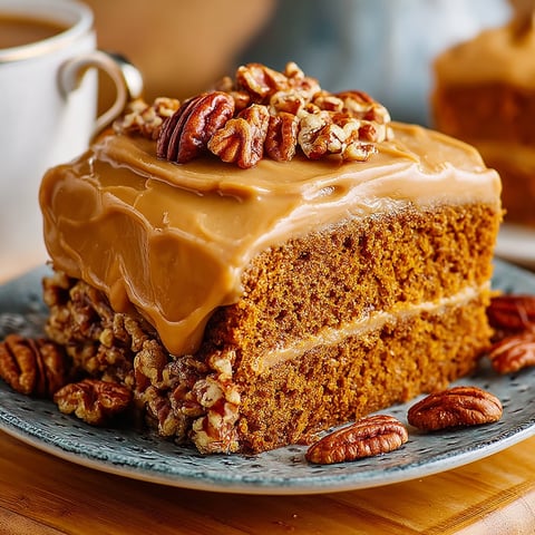 A slice of pumpkin cake with a crunchy praline frosting.
