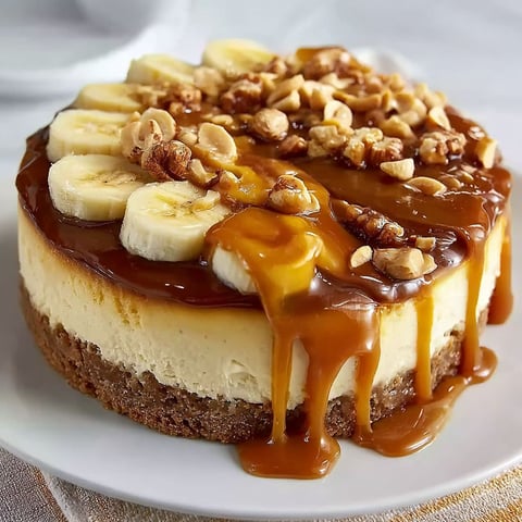 A slice of banana caramel nut cheesecake on a white plate.