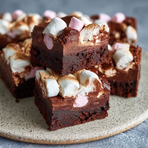 A slice of chocolate brownie with marshmallows on top.