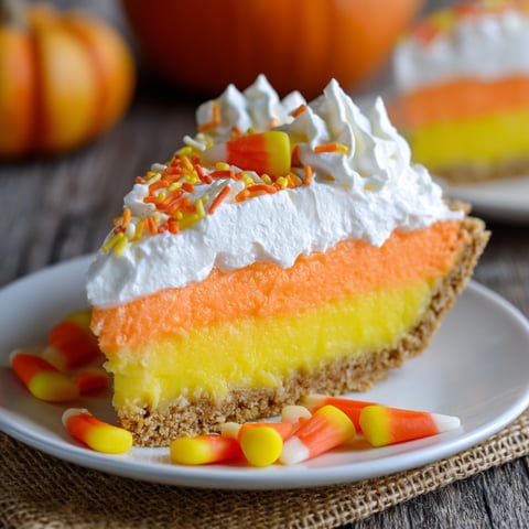 A slice of layered candy corn pie.