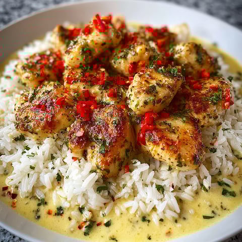 A plate of chicken scampi with creamy garlic parmesan rice.