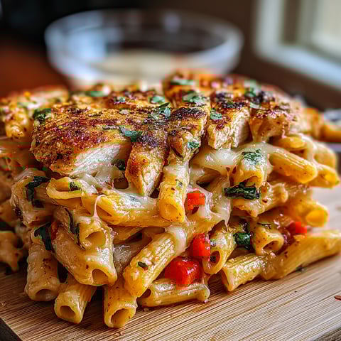 A plate of food with chicken and pasta.