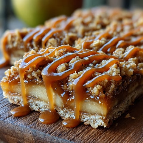 A close up of a caramel apple crumble bar.