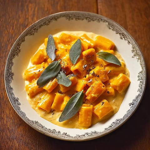 A white plate with a creamy sauce and butternut squash.