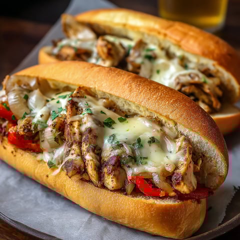 A chicken Philly cheesesteak sandwich.