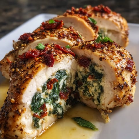 A stuffed chicken breast with spinach, sun-dried tomatoes, and mozzarella.