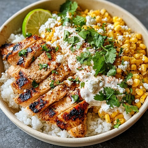 A bowl of food with rice, chicken, corn, and cheese.