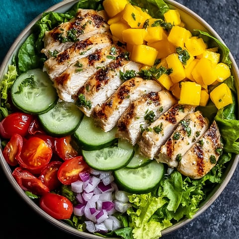 A bowl of chicken mango salad.