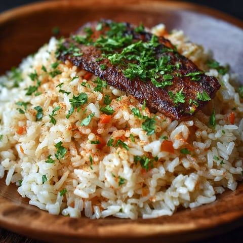 A bowl of rice with meat on top.