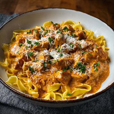 A bowl of pasta with chicken and cheese.