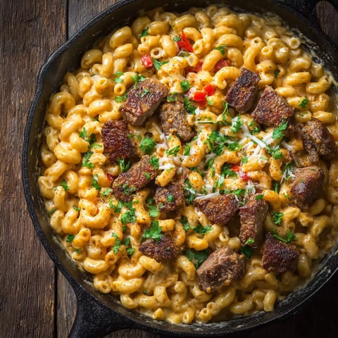 A skillet of creamy cajun steak mac and cheese.