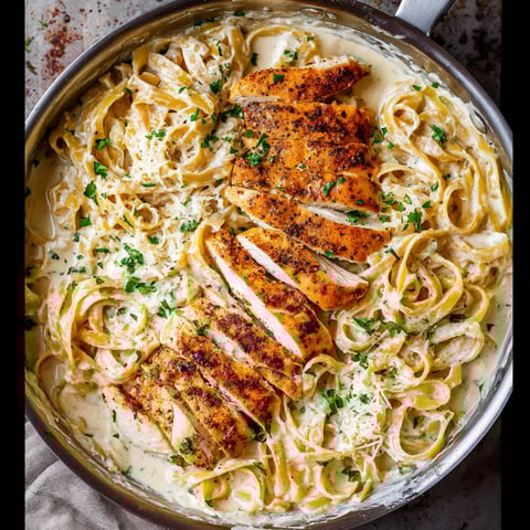 A delicious chicken Alfredo dish with noodles and chicken.